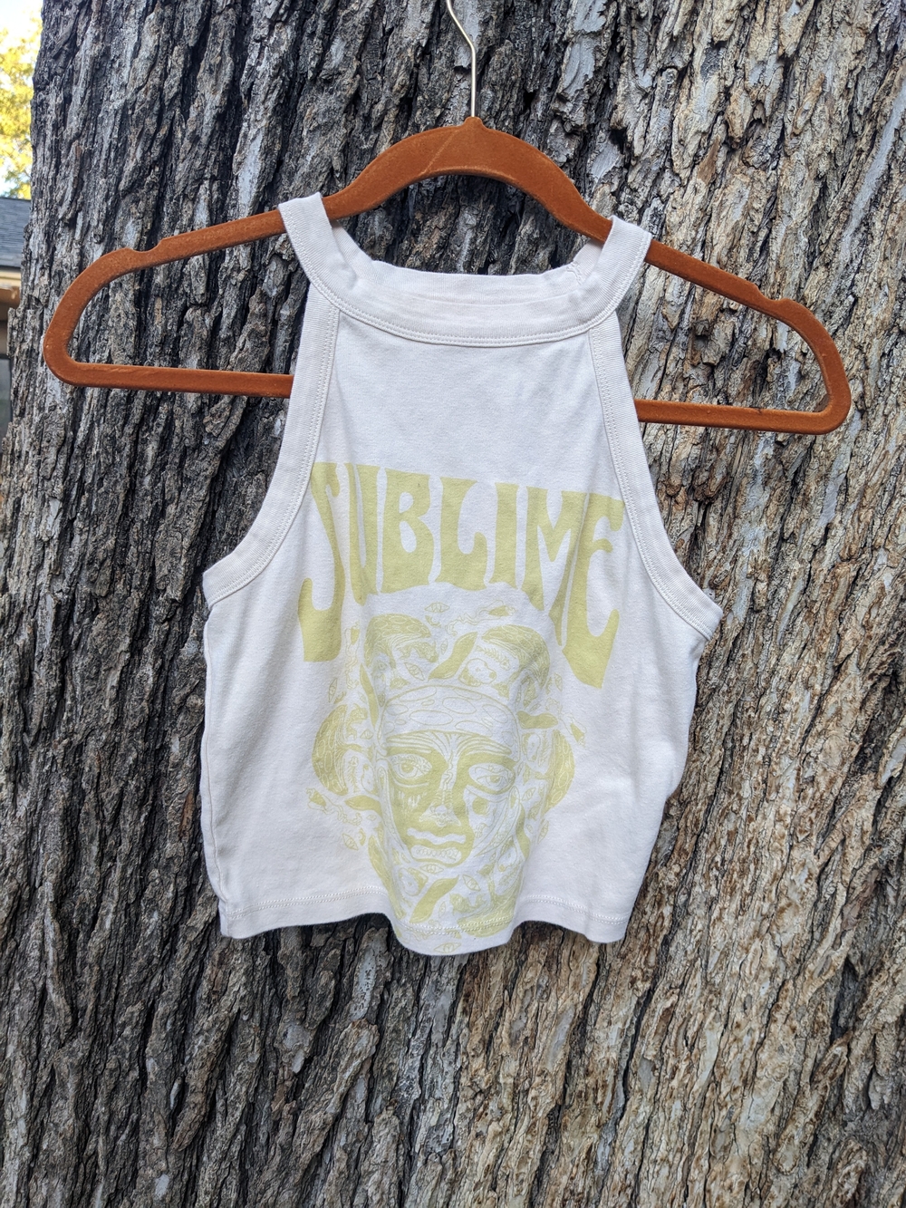 American Eagle Outfitters Cream Crop Tank with Pale Yellow Sublime Graphic